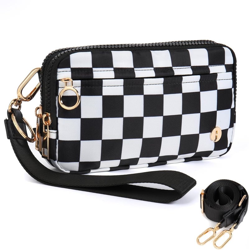 JEEBURYEE Checkered Wristlet Wallets for Women RFID Blocking Small Zipper Nylon Crossbody Bag for Travel Card Phone Organizer Purse with ID Window and 2 Detachable Straps Black White Checkered - Image 1